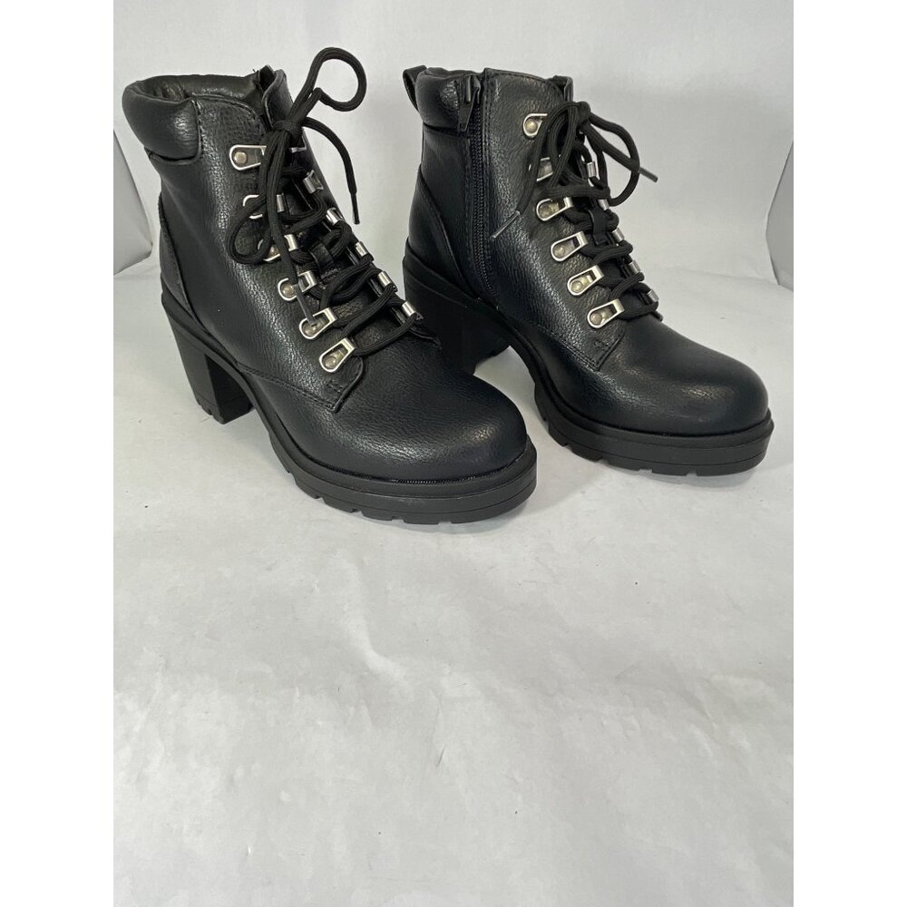 NOBO Black Size 7 Leather Lace-Up Chunky Heel Ankle Boots With Side Zipper Size